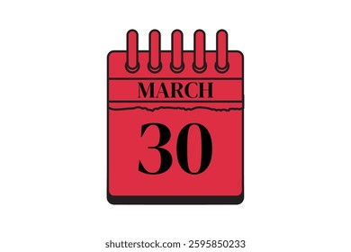 30 March calendar icon text page monthly web design on red, black and white background vector, icon, or illustration with the month of March 30