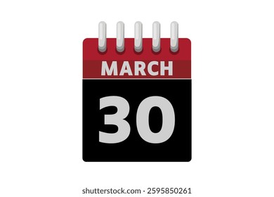 30 March calendar icon text page monthly web design on red, black and white background vector, icon, or illustration with the month of March 30