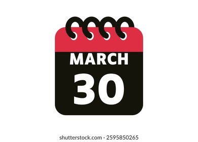 30 March calendar icon text page monthly web design on red, black and white background vector, icon, or illustration with the month of March 30