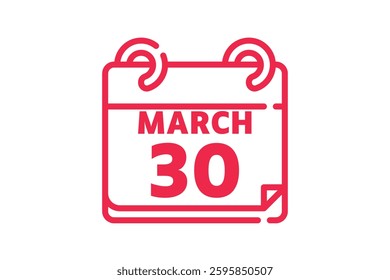 30 March calendar icon text page monthly web design on red and white background vector, icon, or illustration with the month of March 30