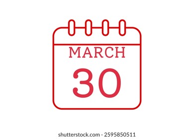 30 March calendar icon text page monthly web design on red and white background vector, icon, or illustration with the month of March 30