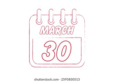 30 March calendar icon text page monthly web design on red and white background vector, icon, or illustration with the month of March 30