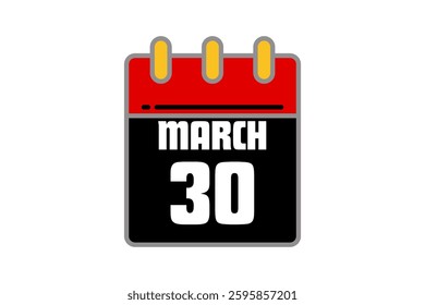 30 March calendar icon text page monthly web design on red, black, yellow and white background vector, icon, or illustration with the month of March 30