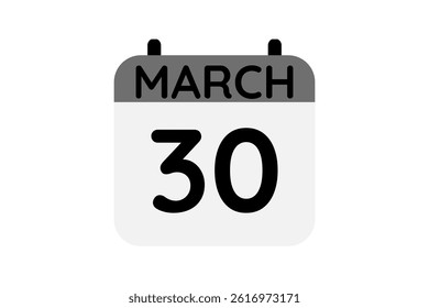 30 March calendar icon text page monthly web design on black and white background vector, icon, or illustration with the month of March 30