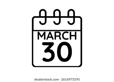 30 March calendar icon text page monthly web design on black and white background vector, icon, or illustration with the month of March 30