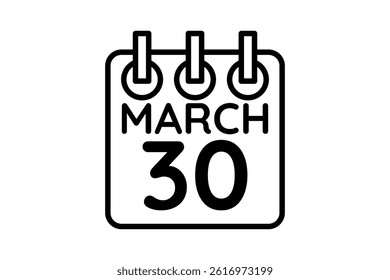 30 March calendar icon text page monthly web design on black and white background vector, icon, or illustration with the month of March 30