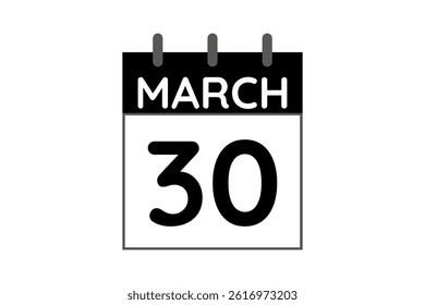 30 March calendar icon text page monthly web design on black and white background vector, icon, or illustration with the month of March 30