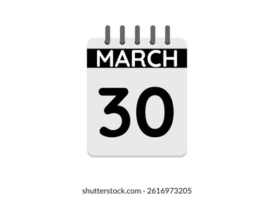 30 March calendar icon text page monthly web design on black and white background vector, icon, or illustration with the month of March 30