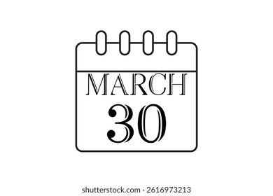 30 March calendar icon text page monthly web design on black and white background vector, icon, or illustration with the month of March 30
