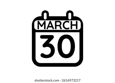 30 March calendar icon text page monthly web design on black and white background vector, icon, or illustration with the month of March 30