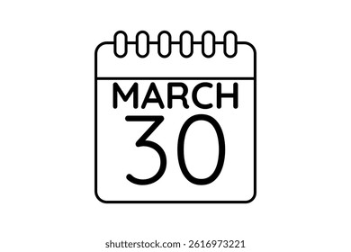 30 March calendar icon text page monthly web design on black and white background vector, icon, or illustration with the month of March 30