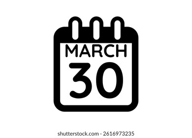 30 March calendar icon text page monthly web design on black and white background vector, icon, or illustration with the month of March 30