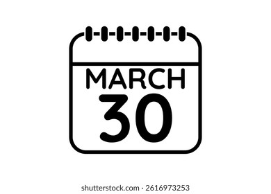 30 March calendar icon text page monthly web design on black and white background vector, icon, or illustration with the month of March 30
