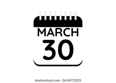 30 March calendar icon text page monthly web design on black and white background vector, icon, or illustration with the month of March 30