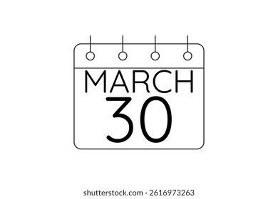 30 March calendar icon text page monthly web design on black and white background vector, icon, or illustration with the month of March 30