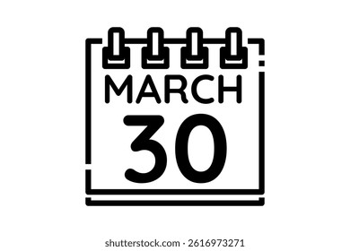 30 March calendar icon text page monthly web design on black and white background vector, icon, or illustration with the month of March 30
