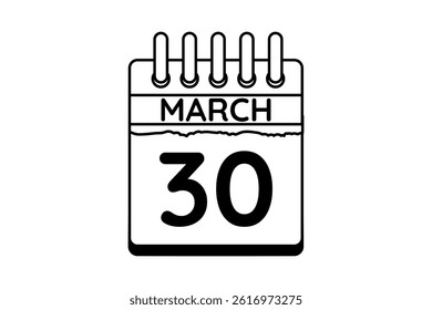 30 March calendar icon text page monthly web design on black and white background vector, icon, or illustration with the month of March 30