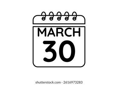 30 March calendar icon text page monthly web design on black and white background vector, icon, or illustration with the month of March 30