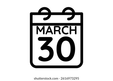 30 March calendar icon text page monthly web design on black and white background vector, icon, or illustration with the month of March 30