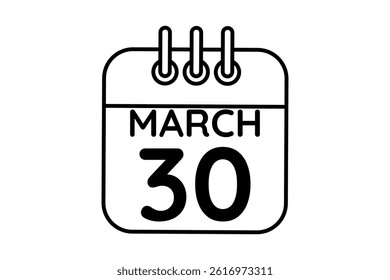 30 March calendar icon text page monthly web design on black and white background vector, icon, or illustration with the month of March 30