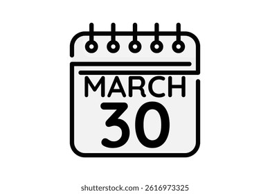 30 March calendar icon text page monthly web design on black and white background vector, icon, or illustration with the month of March 30