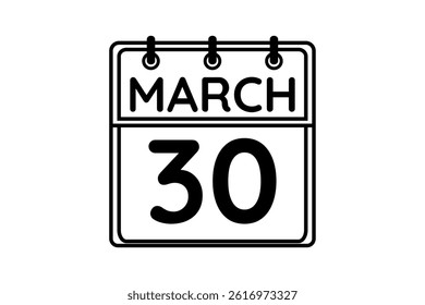 30 March calendar icon text page monthly web design on black and white background vector, icon, or illustration with the month of March 30