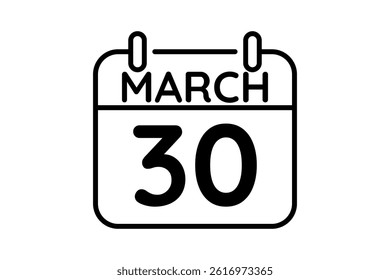 30 March calendar icon text page monthly web design on black and white background vector, icon, or illustration with the month of March 30