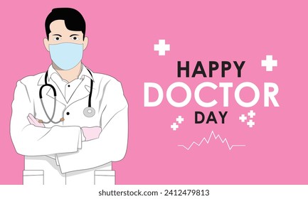 30 march - World Doctor's Day. Calligraphic or lettering of happy doctor's day with symbol of heartbeat, syringe and stethoscope isolated on white background.