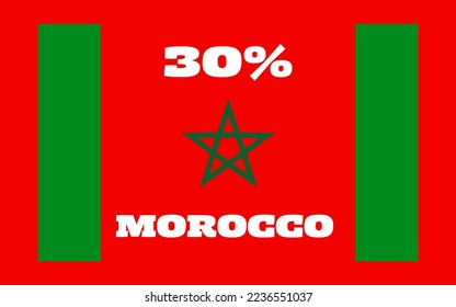 Ilustración de arte vectorial de etiqueta marocco 30%, fuente blanca y color de línea verde sobre fondo rojo, vista superior.
