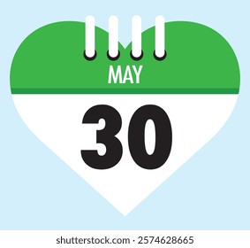 30 May calendar icon green heart shape on light sky blue color background, calendar vector symbol for the month of May.