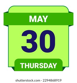 30. Mai, Donnerstag. Datumsvorlage. Nützliches Design für Kalender- oder Veranstaltungswerbung. EPS10 Datei, Vektorgrafik. Einzeln auf weißem Hintergrund. 