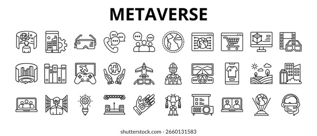 30 Metaverse Line Icons Vetor - realidade virtual, realidade aumentada, ciberespaço, projeção, holograma, jogo, imaginação