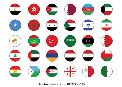 30 Middle East and North Africa Flag Circle push button Icon Set of major countries and regions. svg