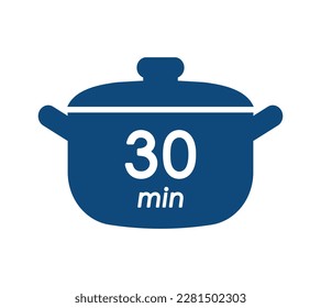 30 min cooking time blue label, cooking pot symbol with thirty minute mark, boiling time vector illustration