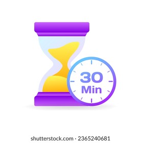 30 min timer. Flat, color, hourglass, 30 minutes left, 30 minute timer. Vector icon