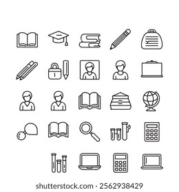 30 Minimal Outline Vector Icons for Teachers and Classroom Essentials – Editable Stroke Educational Icon Set for Digital Learning, School Tools, and Student Activities