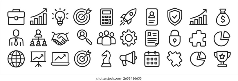 30 minimalist black and white business icons. Perfect for presentation designs, apps, infographics, and professional branding on finance, strategy, and business development themes.