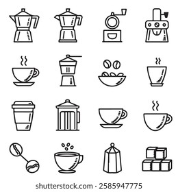 30 Minimalist Coffee Outline Icons – Espresso Machine, Coffee Cup, Beans, French Press, Grinder and More – Scalable Vector Line Art