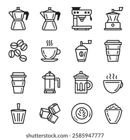 30 Minimalist Coffee Outline Icons – Espresso Machine, Coffee Cup, Beans, French Press, Grinder and More – Scalable Vector Line Art