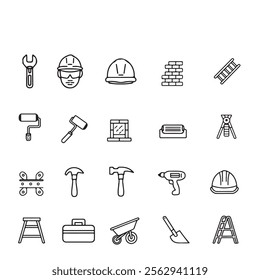 "30 Minimalist Construction Tool Outline Icons – Editable, Scalable, and Perfect for Engineering and DIY Projects"