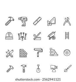 "30 Minimalist Construction Tool Outline Icons – Editable, Scalable, and Perfect for Engineering and DIY Projects"