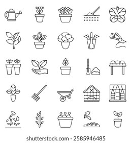 30 Minimalist Gardening and Plant Care Outline Icons - Watering Can, Potted Plants, Tools, Greenhouse and Seeds - Editable Vector Set for Modern Apps and Websites