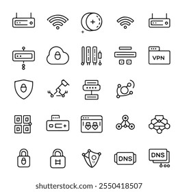 30 Minimalist Linear Vector Icons: Modern Network and Internet Technology – Scalable and Editable Outline Style