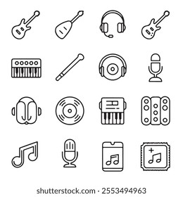 30 Minimalist Music Outline Icons: Guitars, Keyboards, Microphones, Streaming Apps and More – Perfect for Web, Apps and Print