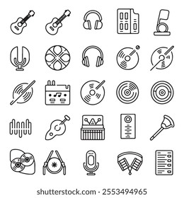 30 Minimalist Music Outline Icons: Guitars, Keyboards, Microphones, Streaming Apps and More – Perfect for Web, Apps and Print