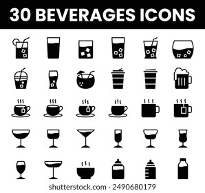 30 Minimalist Outline Beverage Fill Icons Set - High-Quality Line Art Illustrations for Drinks, Coffee, Tea, Cocktails, Milk, Soda, Iced Tea, Hot Soup and More