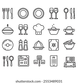 30 Minimalist Outline Icons of Essential Restaurant Items with Editable Strokes - Modern Linear Design for Menus, Signs, and Branding