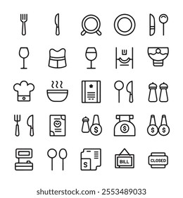 30 Minimalist Outline Icons of Essential Restaurant Items with Editable Strokes - Modern Linear Design for Menus, Signs, and Branding