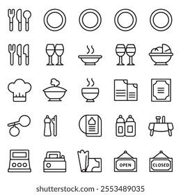 30 Minimalist Outline Icons of Essential Restaurant Items with Editable Strokes - Modern Linear Design for Menus, Signs, and Branding