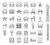 30 Minimalist Outline Icons of Modern Furniture: Chairs, Sofas, Coffee Tables, Desks and More - Scalable and Versatile Design Assets